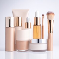 Collection of various cosmetic products and makeup brushes on a light background.