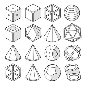 Modern 3D Geometric Shapes Icon Set, Minimal Vector Icons Pack of 24, Clean Isometric Cube Sphere Pyramid Cylinder Collection, High-Quality Abstract Icons Isolated on White Background