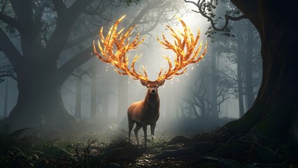 Majestic stag with antlers ablaze in a mystical forest setting