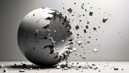 Grey ball cracking black and white abstract art painting