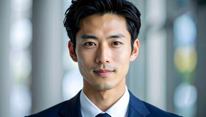 Confident Asian Businessman in Suit Looking Directly at Camera.