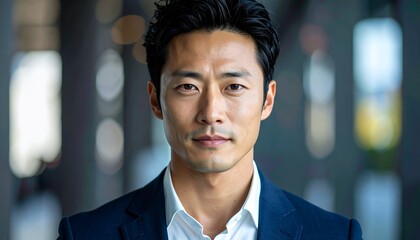 Confident Asian Businessman in Blue Suit Looking at Camera.