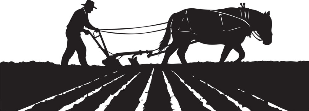 Farmer plowing field with horse silhouette agriculture