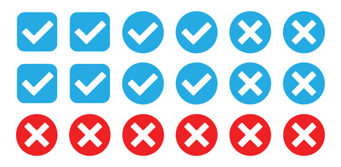 Collection of solid Yes and No signs. Blue ticks and red X symbols.