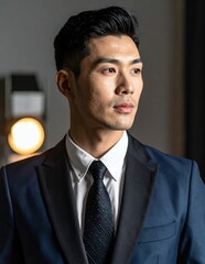 Confident Asian Man in Suit Looking Away with Thoughtful Expression.