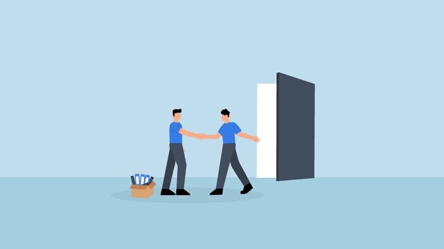 Offboarding process for employee leaving company, 4k animation of businessman manager check hands with leaving employee.