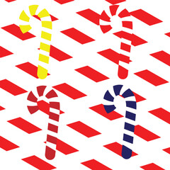 Colorful candy canes on a red and white striped background pattern