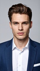 Confident Young Man in Blue Suit and White Shirt.