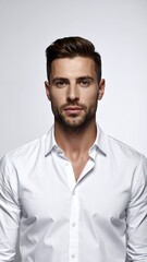 Confident Young Man in White Shirt Posing Against a Clean Background.