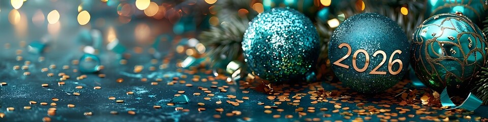 Panoramic image of festive 2026 New Year's Eve celebration with bokeh lights
