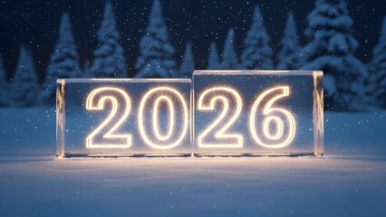 Glowing neon numbers forming the year 2026 illuminated inside clear ice blocks set against a snowy winter forest background at night