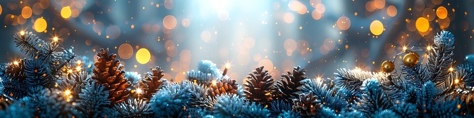 Panoramic Winter Christmas Tree Branches with Snow and Bokeh Lights