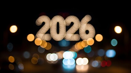 Festive bokeh lights creatively form the year 2026 against a dark night background signaling new year celebrations and future events