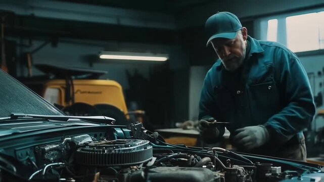 Precision in Mechanics: A focused mechanic intently inspects a car engine, his expertise and dedication evident in the glow of the repair shop. 