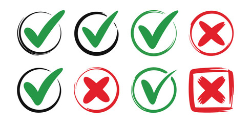 Hand drawn check marks and cross icons set. Brush stroke symbols.