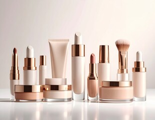 Elegant collection of cosmetic products and makeup brushes on a light background.
