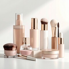Elegant collection of makeup and beauty products with brushes and perfume bottles.