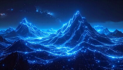 Glowing blue mountains shimmer with intricate light networks under a star-strewn sky, creating a tech-infused panorama