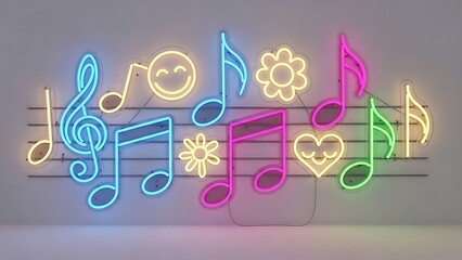 Vibrant neon music notes and symbols on wall