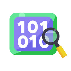 Data analysis and binary code examination icon, perfect for topics in technology, programming, cybersecurity, digital forensics, and big data visualization