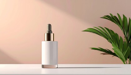 Elegant Skincare Dropper Bottle with Plant Shadow on Minimalist Background.