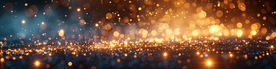 Panoramic View of Golden Glittering Lights and Bokeh Effect