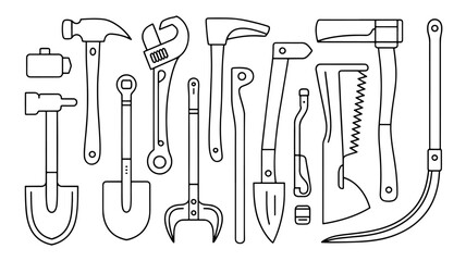 Fototapeta premium Various hand tools line art illustration representing work, repair, garden, and construction