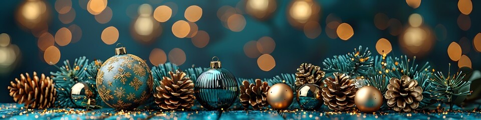 Panoramic festive Christmas baubles and pinecones on a bokeh background