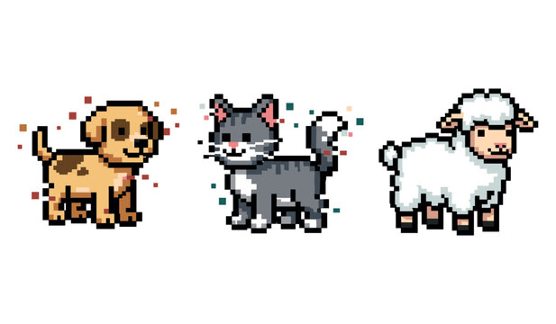 Pixel art trio: dog, cat, and sheep animal characters in retro style