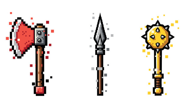 Pixel art weapons: axe, spear, and mace with retro design elements