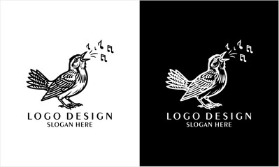 Vintage singing bird logo with musical notes illustration.