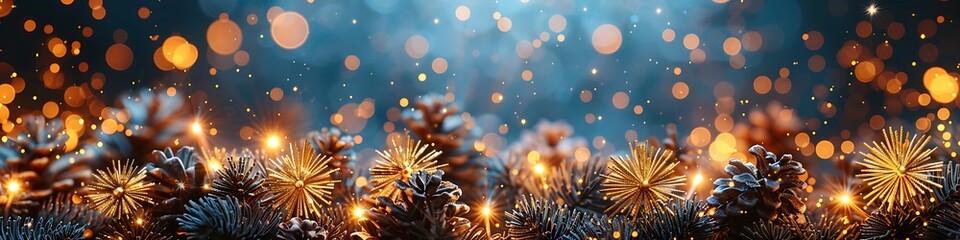 Panoramic Holiday Season Festive Background with Golden Lights and Pine Cones