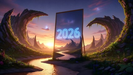 Futuristic portal with the year 2025 glowing in a surreal landscape at sunset