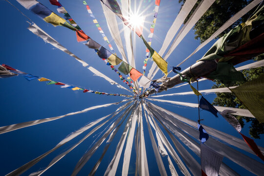 View of vibrant prayer flags and white streamers radiating outwards against a crisp blue sky, the sun shining brightly above, Kikila Pass, Bumthang, Bhutan.