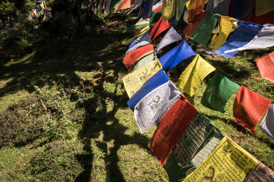View of vibrant prayer flags fluttering in the breeze, casting dancing shadows on the grassy ground, a serene scene in Kikila Pass, Bumthang, Bhutan.