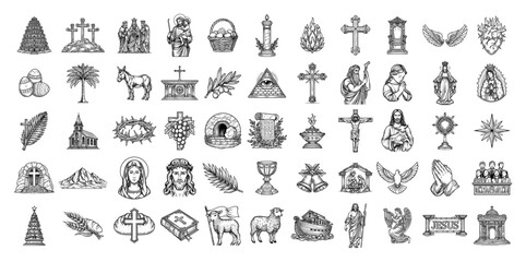 Obraz premium Large Collection of Biblical and Christian Vector Icons Hand Drawn Religious Symbols and Sketches of Holy Items