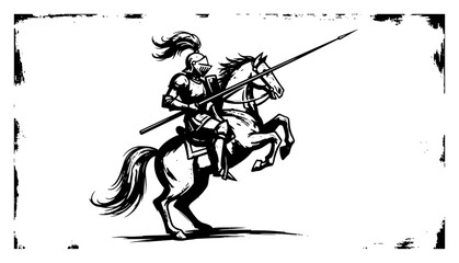 Medieval Knight in Armor Riding Rearing Horse with Spear Vintage Woodcut Style Vector Illustration