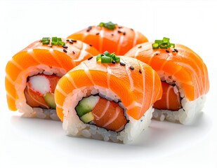 Fresh Salmon Sushi Rolls with Crab and Cucumber, Garnished with Sesame Seeds and Chives.