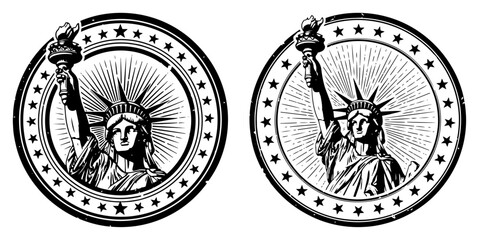 Statue of Liberty vintage round stamp vector illustration american symbol of freedom and independence emblem with stars © Tomas