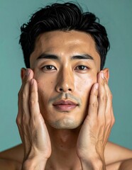 Handsome Asian man applying face cream, looking at camera with a clean, fresh face, skincare routine.