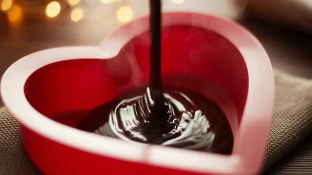 Pouring Rich Dark Chocolate into a Red Heart Mold for Sweet Treats
