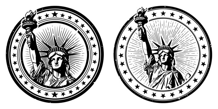 Statue of Liberty vintage round stamp vector illustration american symbol of freedom and independence emblem with stars