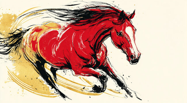 Drawing of a red and gold galloping horse on a white background. Chinese New Year of the Horse 2026. Chinese calligraphy.