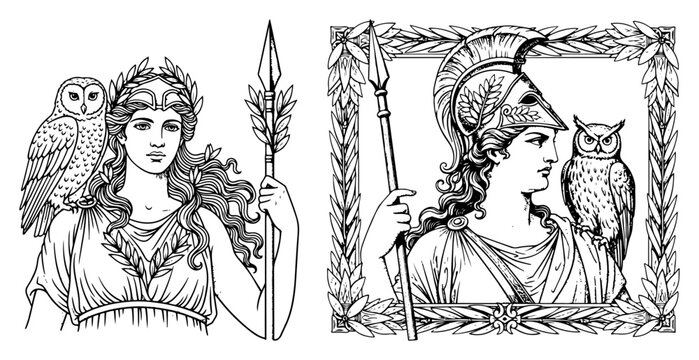 Greek goddess Athena with owl and spear vector illustration ancient mythology warrior woman in helmet and floral frame