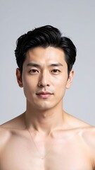Handsome Asian Man with Confident Expression Posing Shirtless for a Studio Portrait.