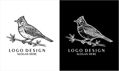 Engraved monochrome bird with a crest perched on a leafy branch, presented as a versatile logo design example.