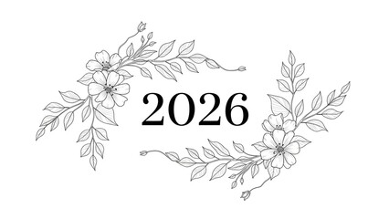 Elegant black and white 2026 year design featuring delicate floral wreaths and botanical line art perfect for invitations or branding