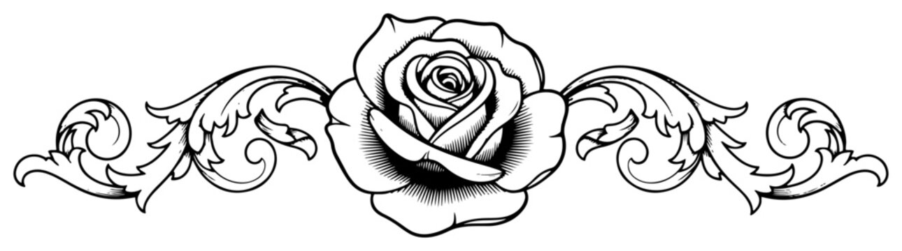 Vintage rose flower ornament with acanthus leaf scrolls vector illustration of floral divider in tattoo engraving style