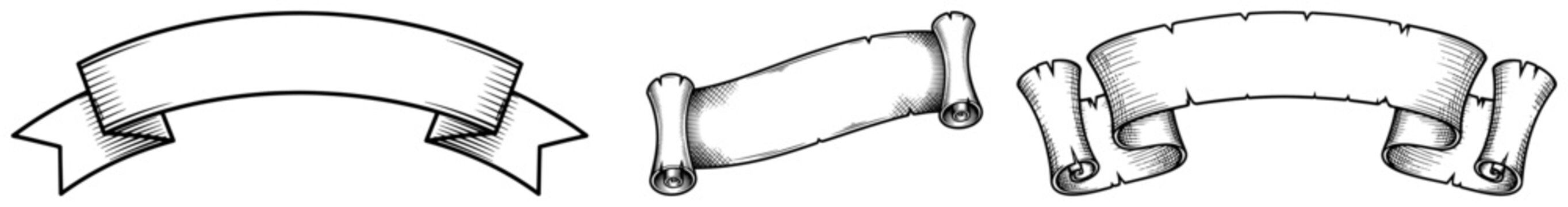 Set of vintage ribbon banners and blank scrolls vector illustration collection of hand drawn text frames in engraving style