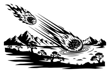Obraz premium Meteorite Crash in Mountain Landscape Vector Illustration of Falling Asteroid Fireball with Smoke Trail